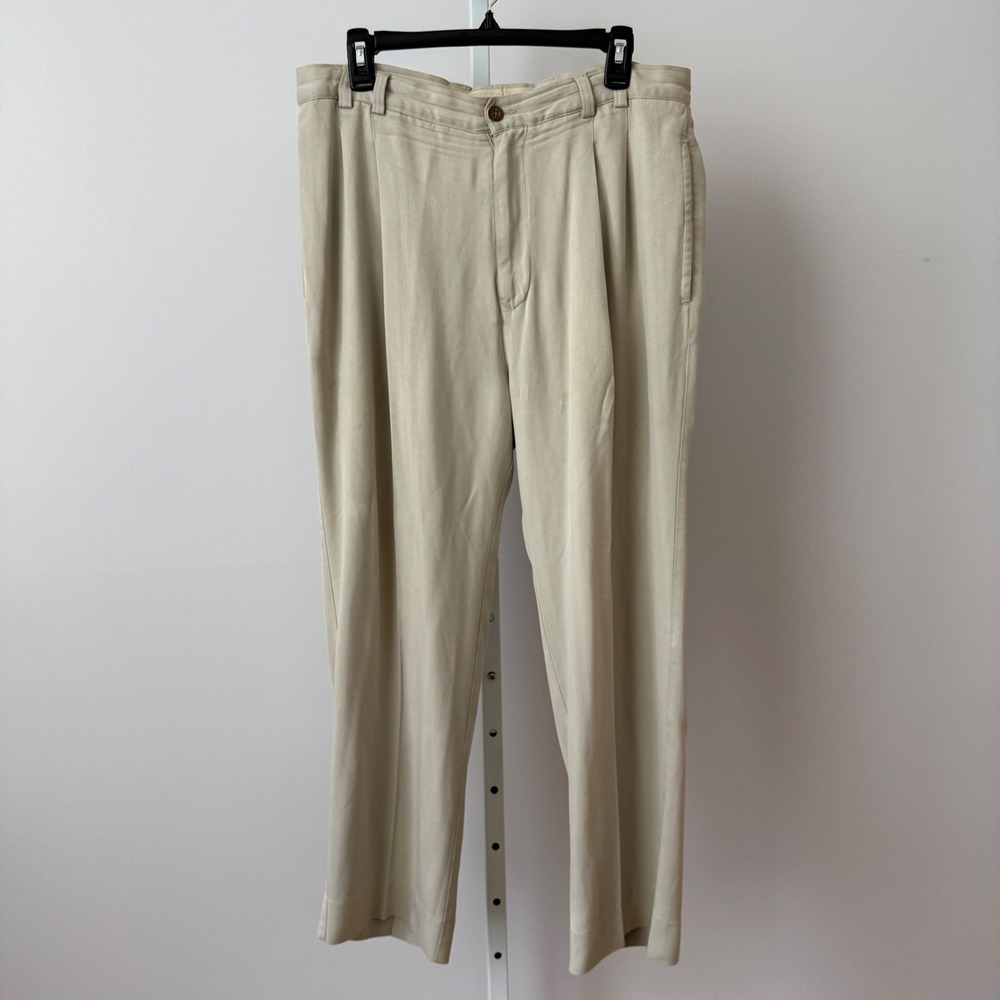 Tommy Bahama sz 34 Herringbone 100% Silk Pleated Trousers Khaki Beige Preppy